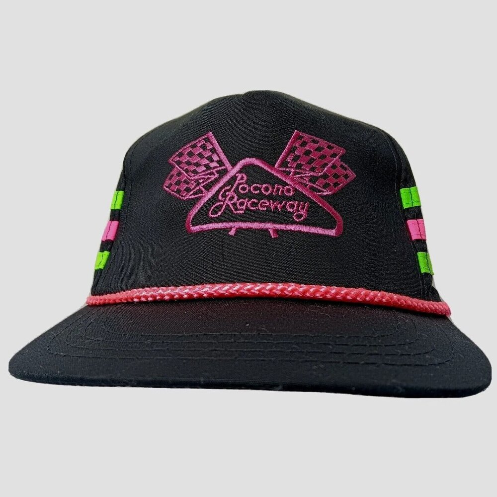 Pocono Raceway 3 Stripe Cap Hat Black Neon Pink Green Canvas Racing Race Vintage